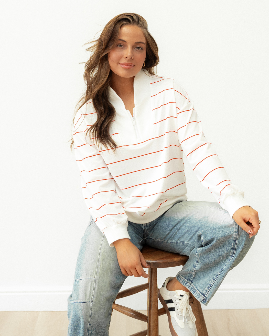 Madison Striped Zipper V-Neck Drop Sleeve Top - Red | Dropship