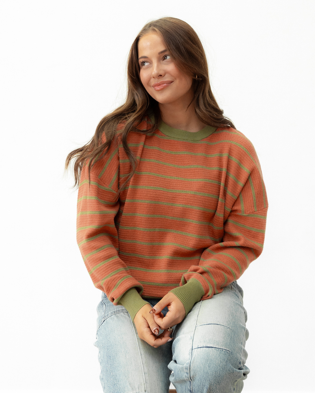 Zya Stripe Round Neck Drop Shoulder Loose Sweater - Brown | Dropship