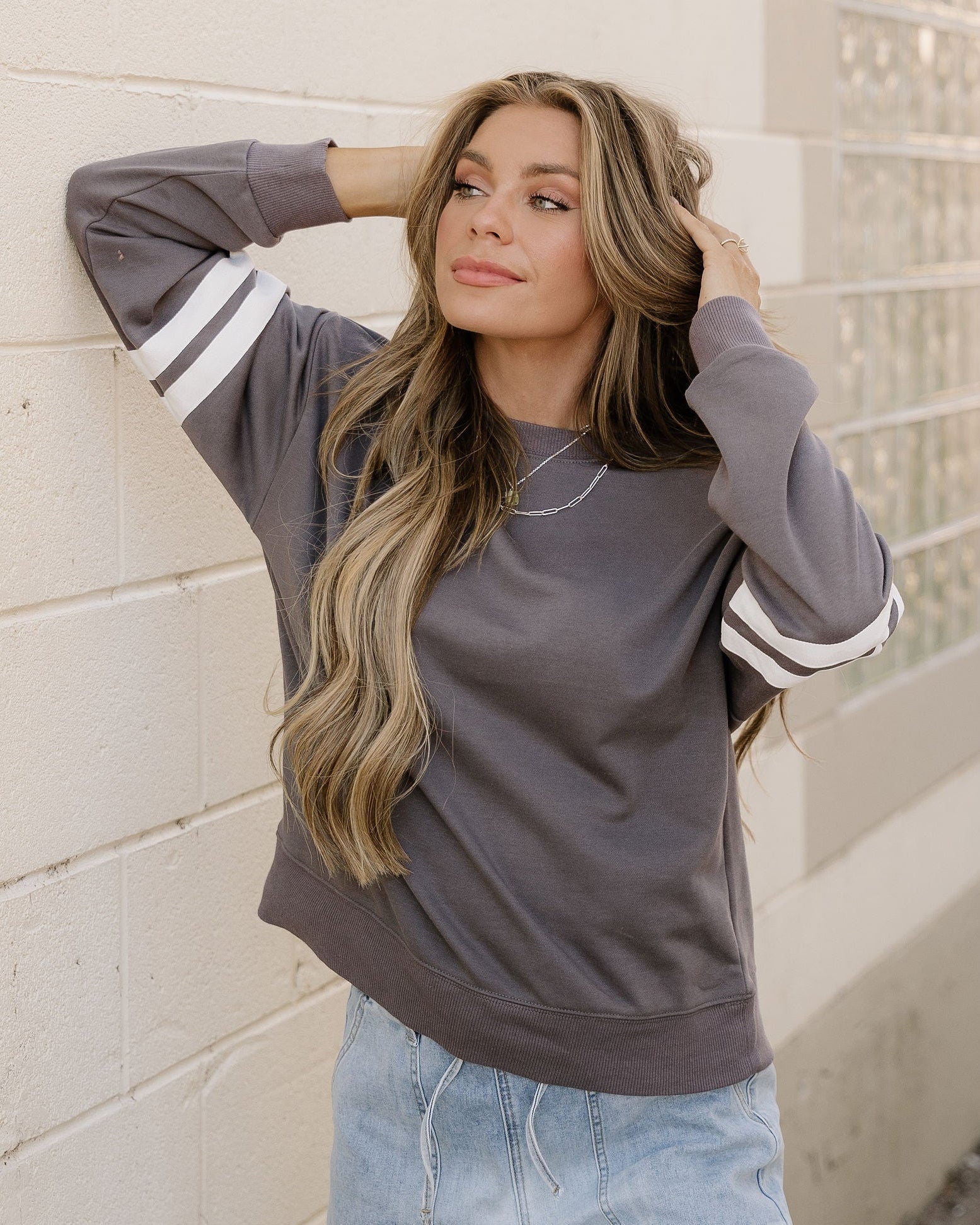 Varsity Striped Sleeve Loose Sweatshirt - Dark Gray | Dropship