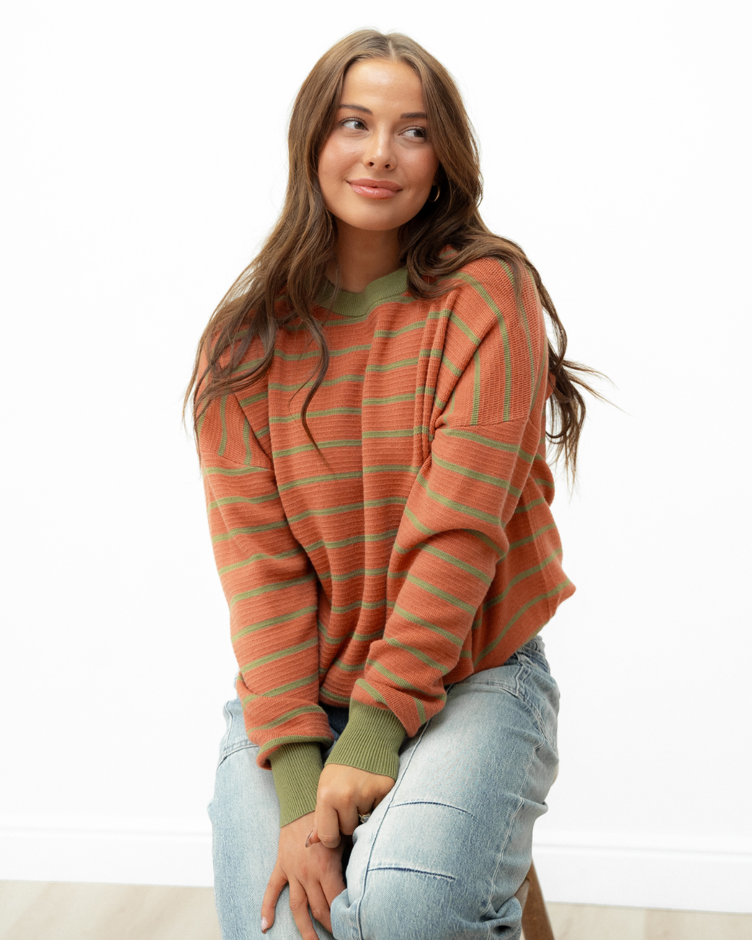 Zya Stripe Round Neck Drop Shoulder Loose Sweater - Brown | Dropship