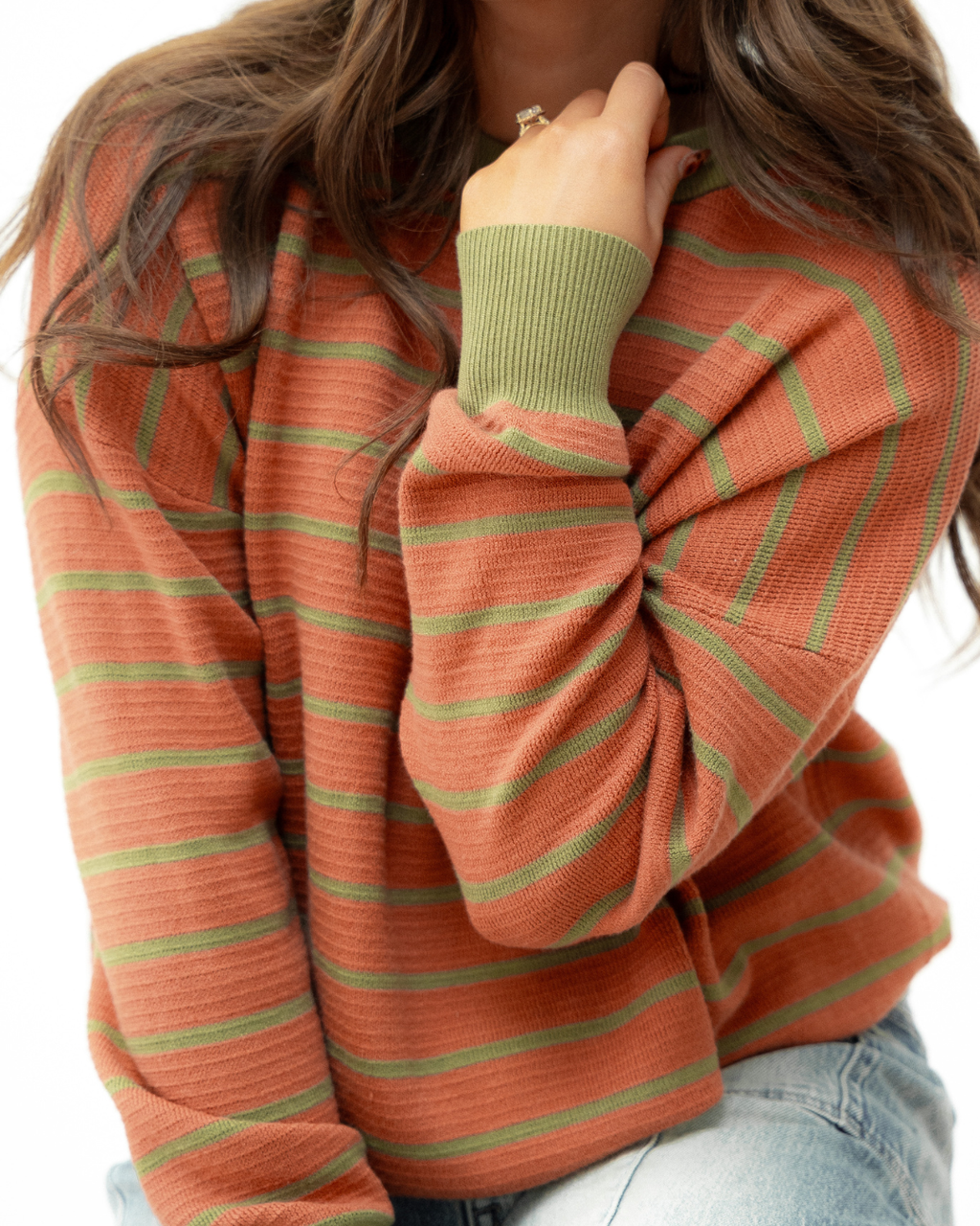 Zya Stripe Round Neck Drop Shoulder Loose Sweater - Brown | Dropship