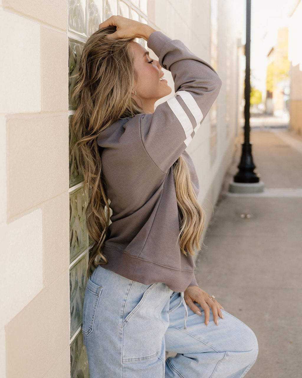 Varsity Striped Sleeve Loose Sweatshirt - Dark Gray | Dropship