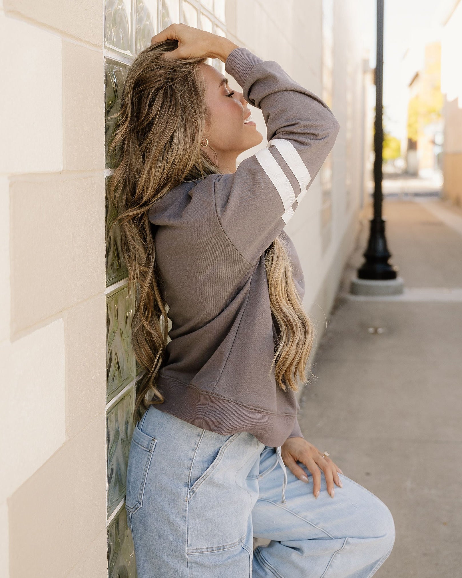 Varsity Striped Sleeve Loose Sweatshirt - Dark Gray | Dropship