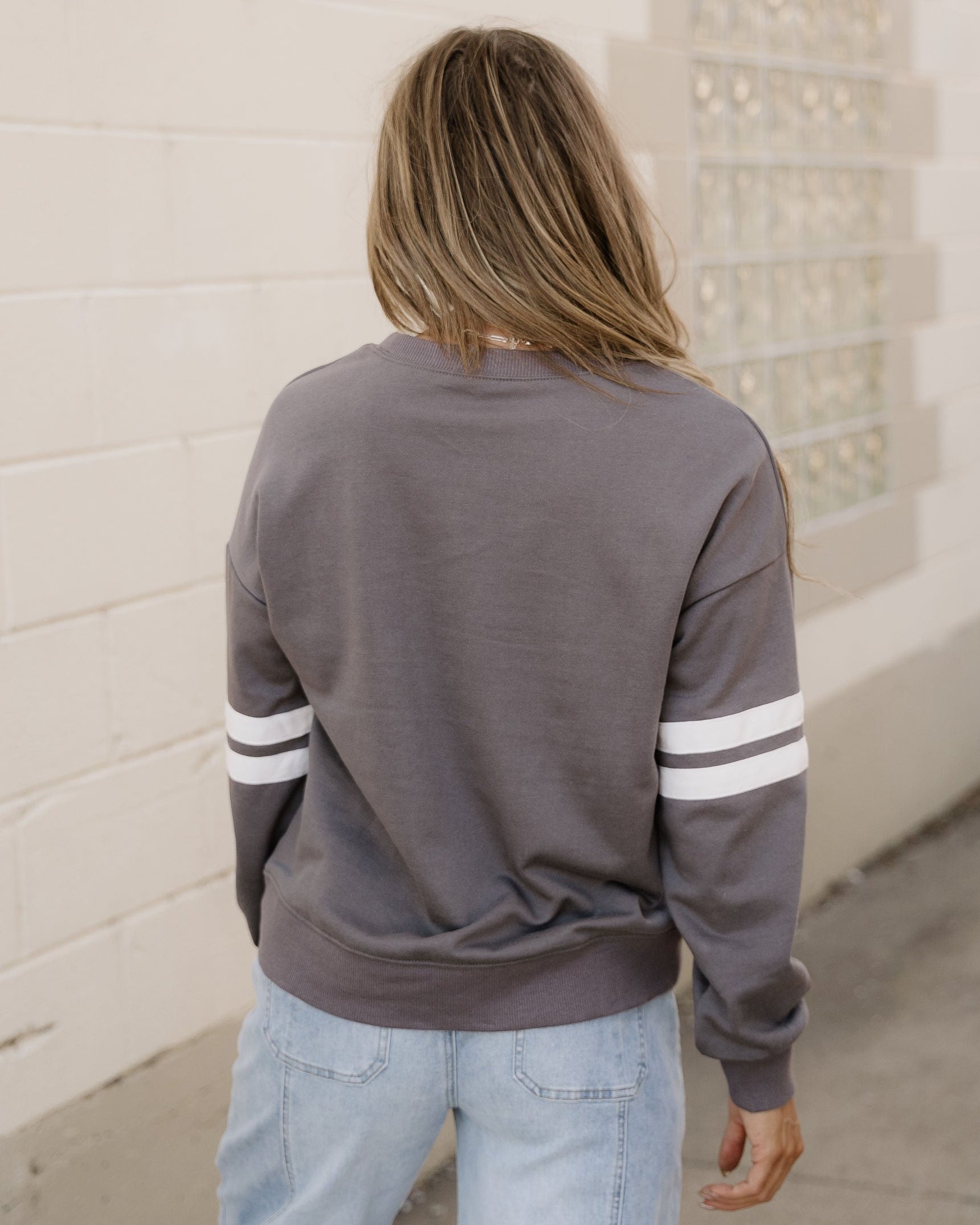 Varsity Striped Sleeve Loose Sweatshirt - Dark Gray | Dropship