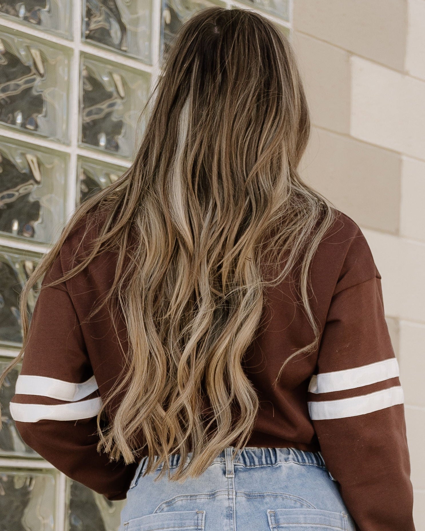 Varsity Striped Sleeve Loose Sweatshirt - Coffee | Dropship