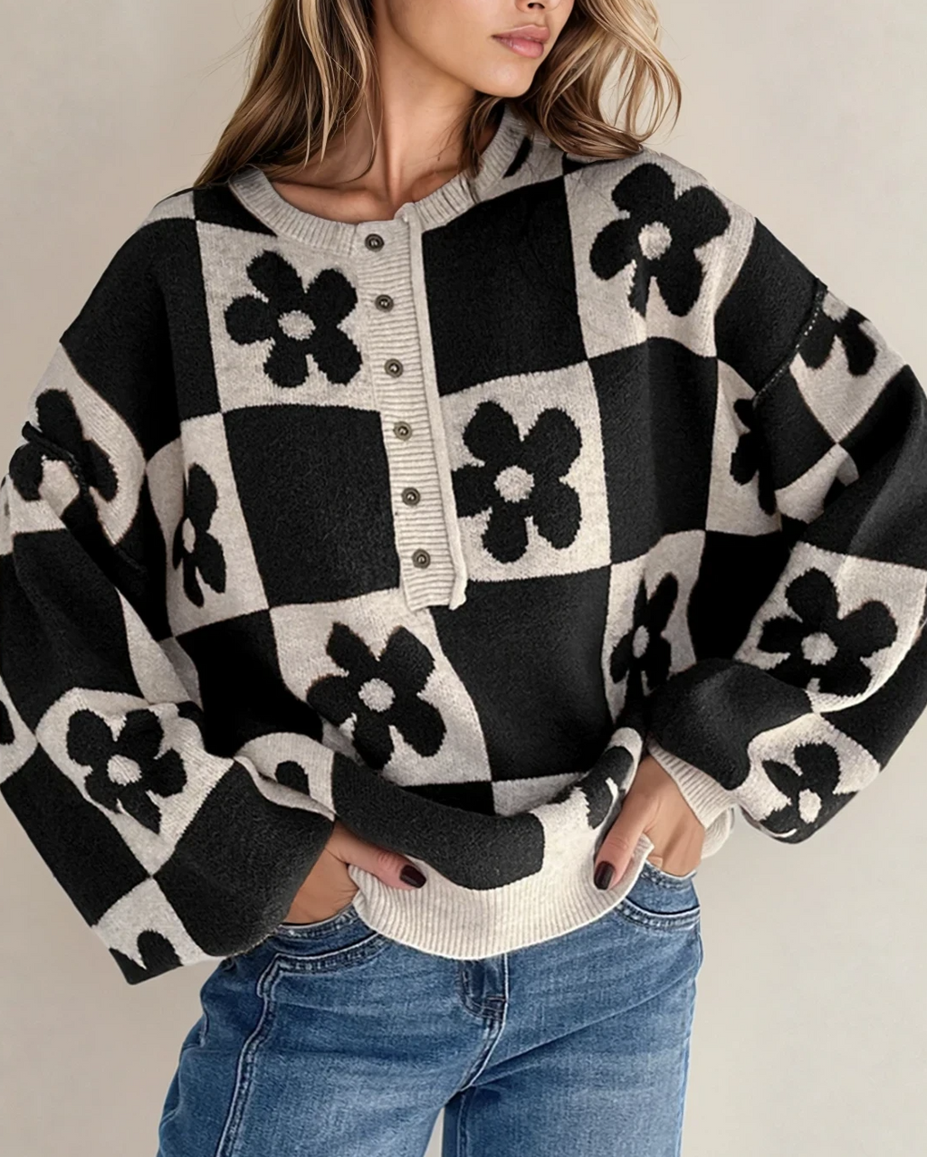 Flower Power Checkered Henley Sweater - Black | Dropship