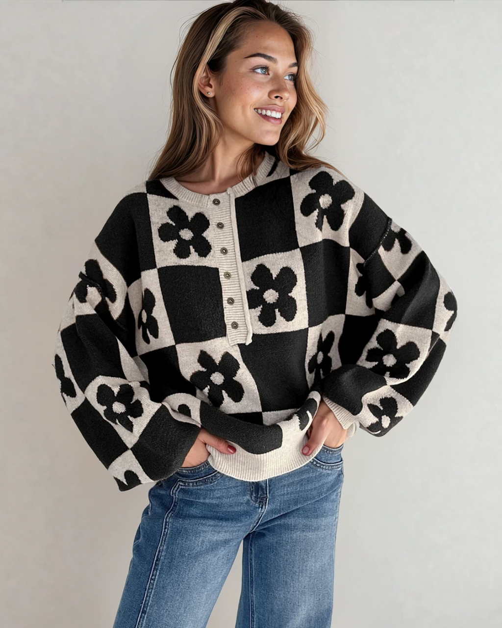 Flower Power Checkered Henley Sweater - Black | Dropship