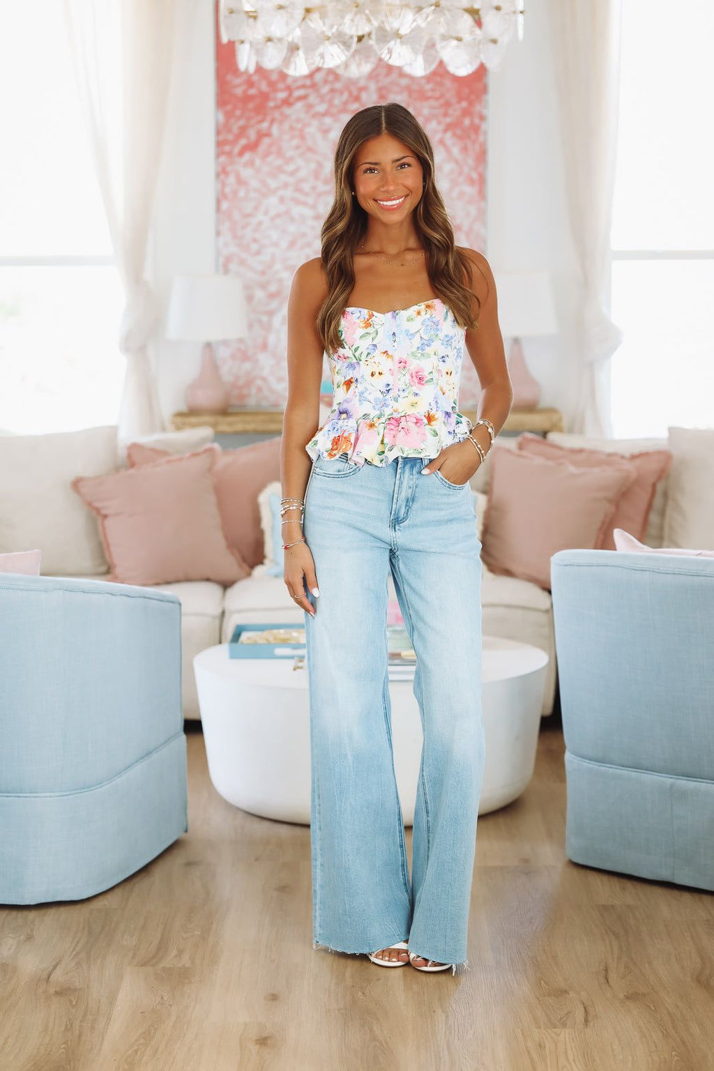 Bad Idea Denim Corset Top - White, Blue and Pink